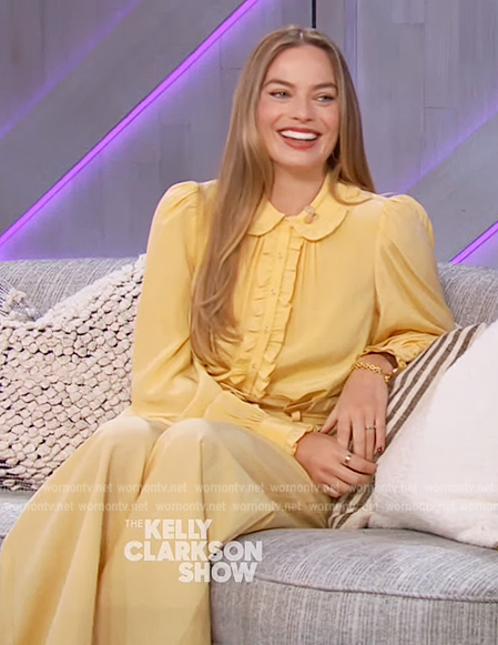 Margot Robbie's yellow ruffle blouse and belted pants on The Kelly Clarkson Show