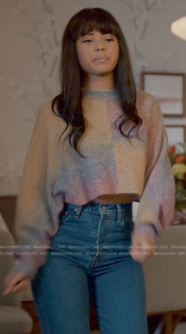 Norah's ombre rainbow sweater on Ginny & Georgia