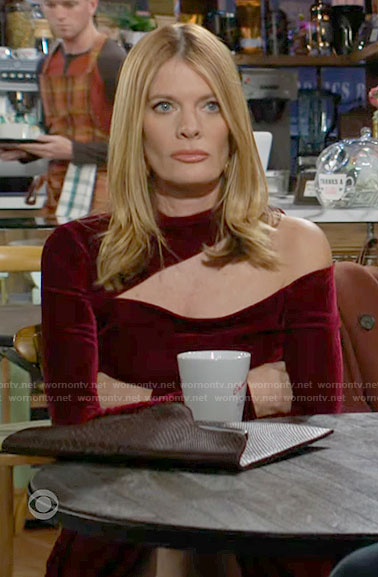 Phyllis's red velvet dress with asymmetric cutout neckline on The Young and the Restless