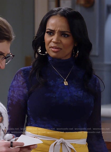 Randi's blue floral mesh turtleneck top on Call Me Kat