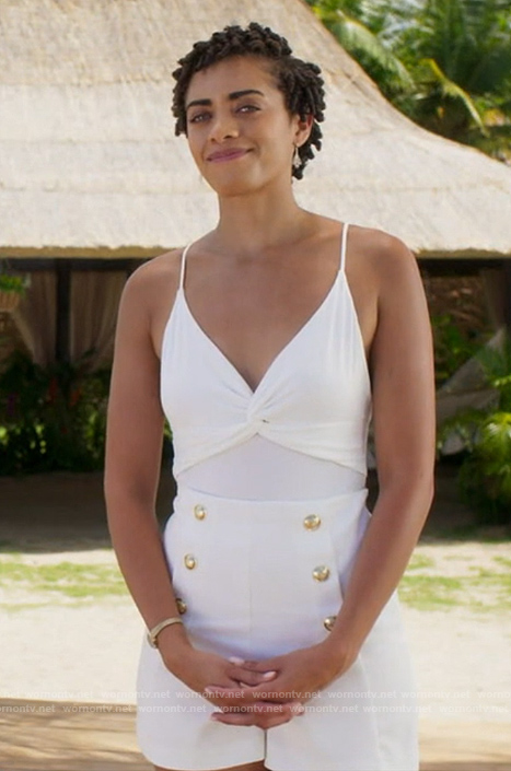 Ruby's white shorts with gold buttons on Fantasy Island