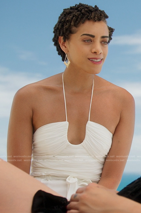 Ruby's white ruched halter top on Fantasy Island