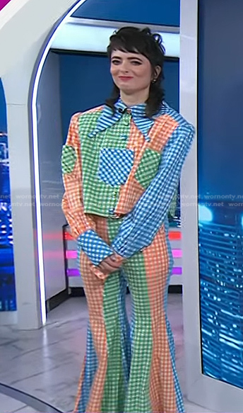 Sarah Sherman's multicolor gingham check jacket and flare pants on Today