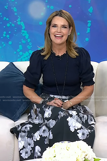 Savannah’s navy smocked top and floral skirt on Today