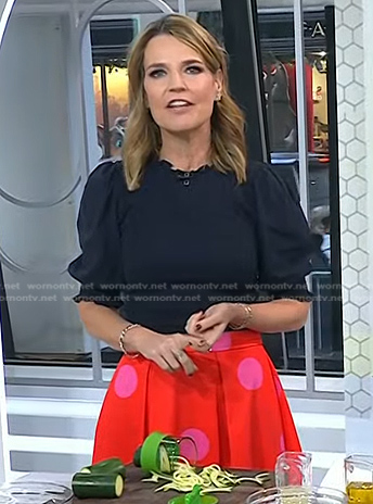 Savannah's navy smocked top and polka dot skirt on Today