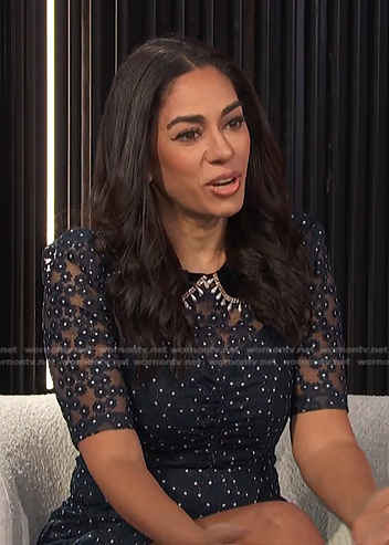 Sharon Carpenter's navy floral embroidered dress on E! News