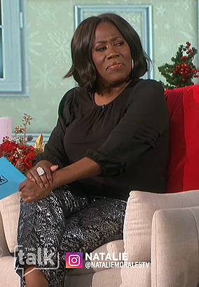 Sheryl's metallic jacquard pants on The Talk