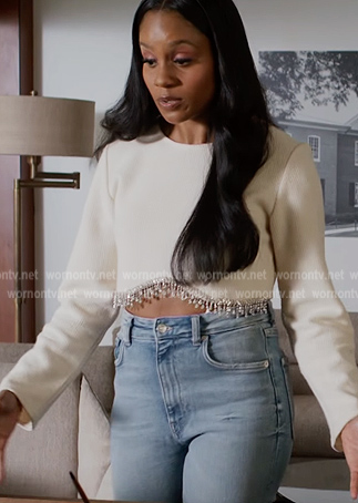 Simone's white cropped embellished trim sweater on All American Homecoming