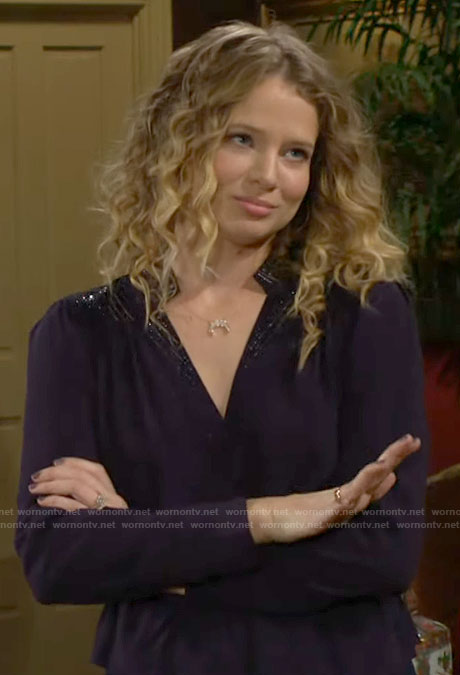 Summer's navy blue embellished blouse on The Young and the Restless