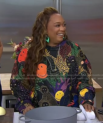 Sunny Anderson's black smiley face print sweatshirt on Today