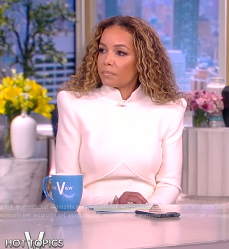 Sunny's white padded shoulder midi dress on The View