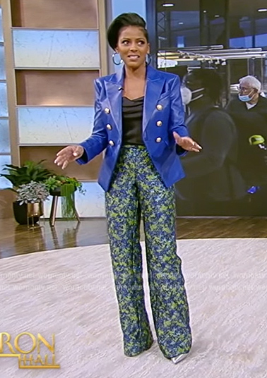 Tamron's blue leather blazer and floral pants on Tamron Hall Show