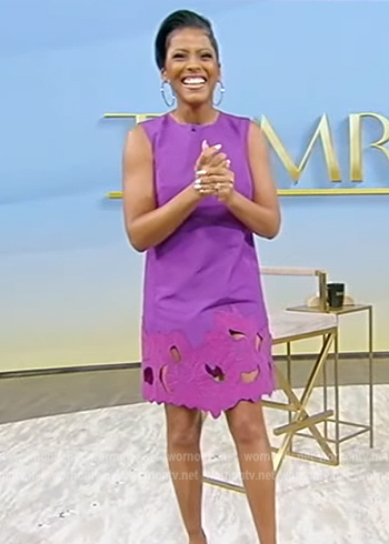 Tamron's purple embroidered shift dress on Tamron Hall Show