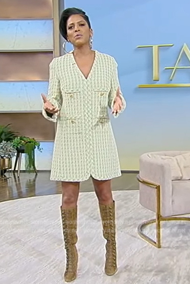 Tamron's green textured check mini dress on Tamron Hall Show
