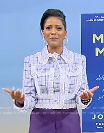 Tamron's blue lace trim jacket on Tamron Hall Show