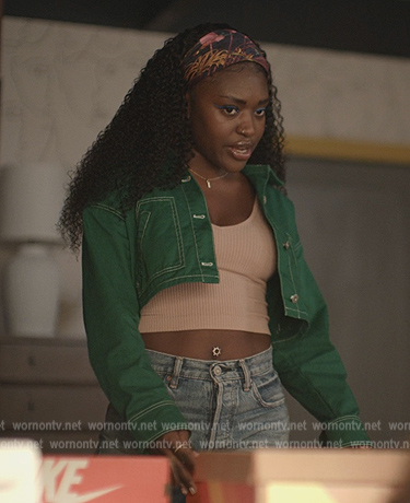 Tasha's green denim cropped jacket on National Treasure: Edge of History