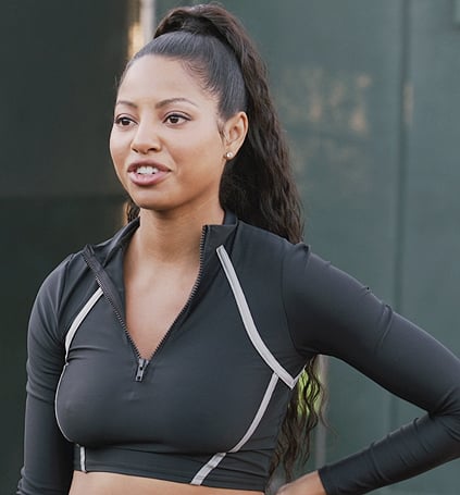 Thea's black contrast piping top and leggings on All American Homecoming
