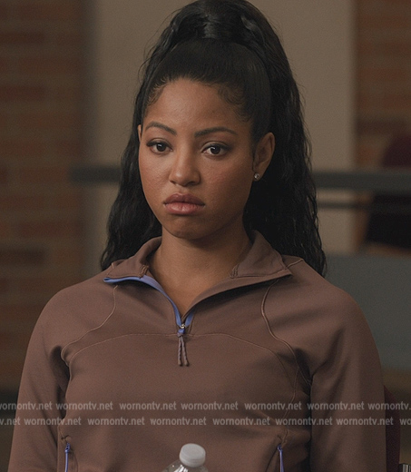 Thea's brown half zip sweatshirt on All American Homecoming