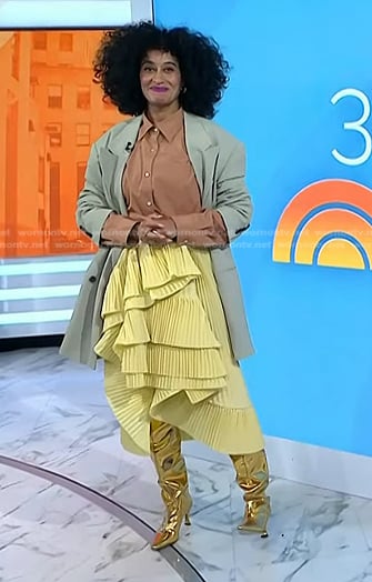 Tracee Ellis Ross's yellow ruffle tiered skirt and boots on Today