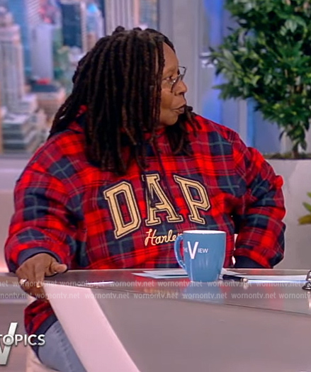 Whoopi's red plaid Dap hoodie on The View