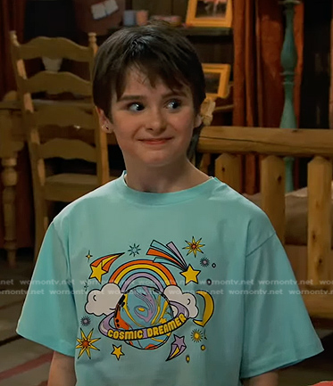 Winnie's blue Cosmic Dreamer print tee on Bunkd