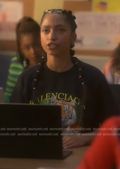 Zaara's black Balenciaga tiger graphic tee on Grown-ish