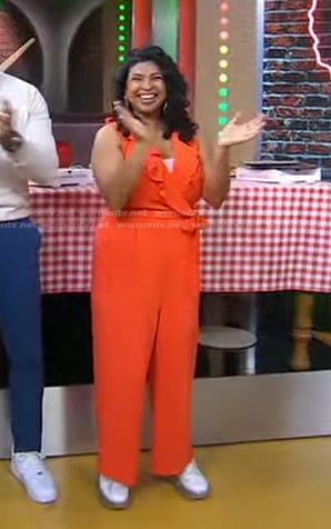 Aarti Sequeira's orange ruffle jumpsuit on Good Morning America
