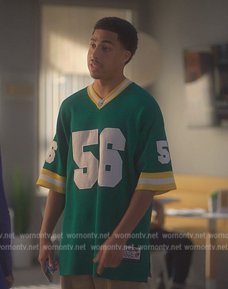 Junior's green 56 embroidered jersey on Grown-ish