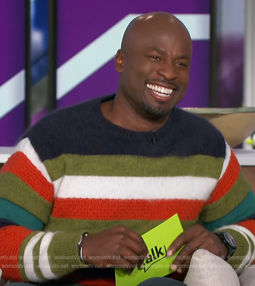 Akbar's stripe fuzzy sweater on The Talk