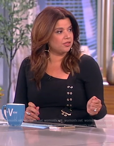 Ana's black asymmetric grommet embellished dress on The View