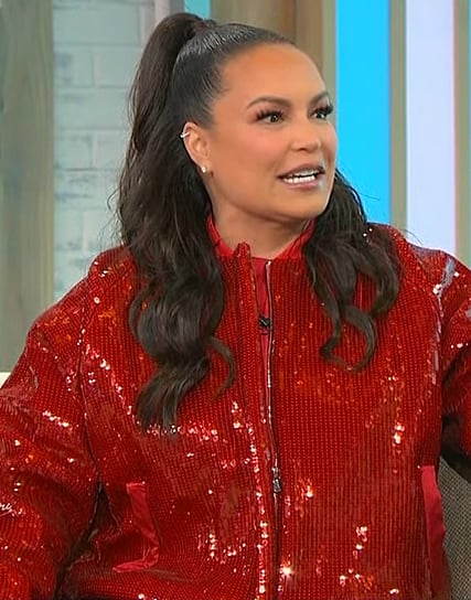 Angie Martinez's red sequined bomber jacket on Sherri