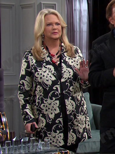 Anna's black floral jacket on Days of our Lives