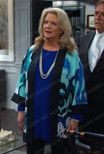 Anna's blue printed kimono jacket on Days of our Lives