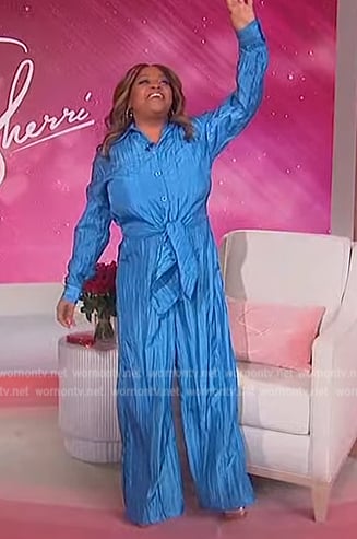 Sherri's blue silk tie waist jumpsuit on Sherri