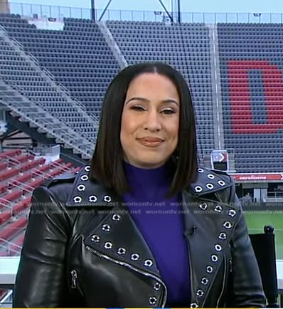 Dany Garcia's black grommet leather moto jacket on Good Morning America
