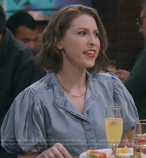 Deirdre's denim puff sleeve top on How I Met Your Father