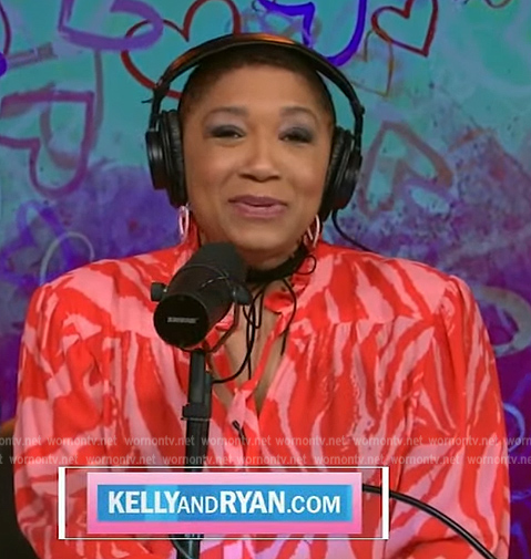 Deja Vu's pink tiger stripe tie neck blouse on Live with Kelly and Ryan