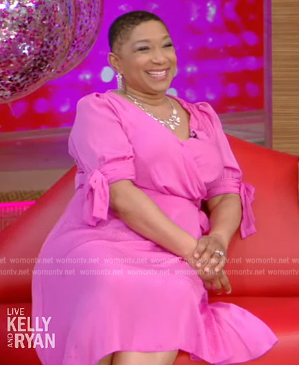Deja Vu's pink tie cuff wrap dress on Live with Kelly and Ryan