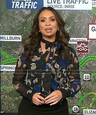 Adelle's black floral tie neck blouse on Today