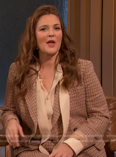 Drew's beige check print blazer and pants on The Drew Barrymore Show