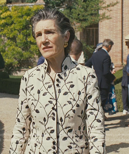Caroline's white floral coat on Succession