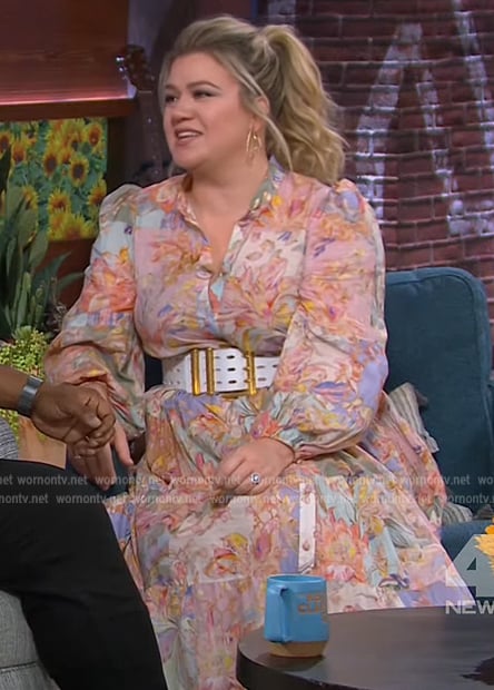 Kelly's pink floral print midi dress on The Kelly Clarkson Show