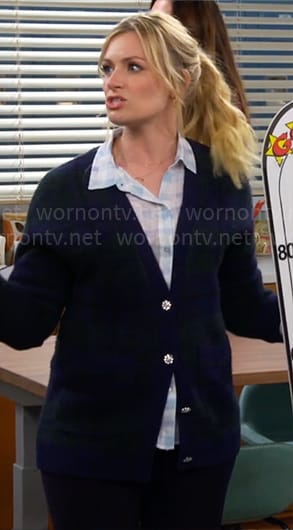 Gemma's navy plaid cardigan with jewel buttons on The Neighborhood