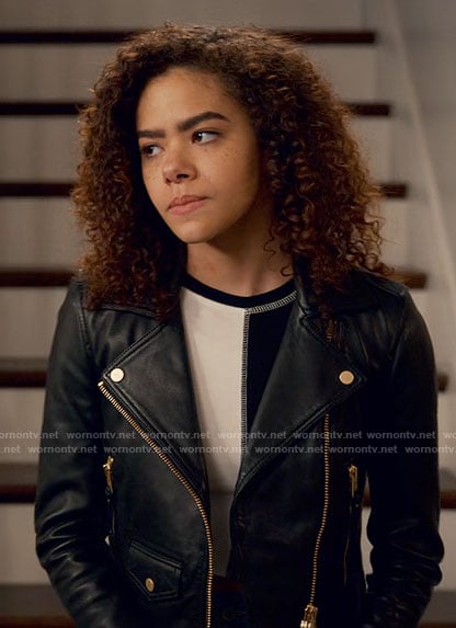 Ginny's black and white colorblock top and biker jacket on Ginny & Georgia