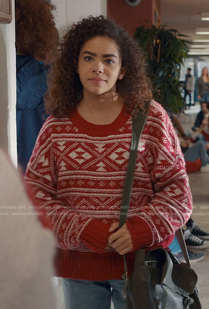 Ginny's red Christmas fair isle sweater on Ginny & Georgia