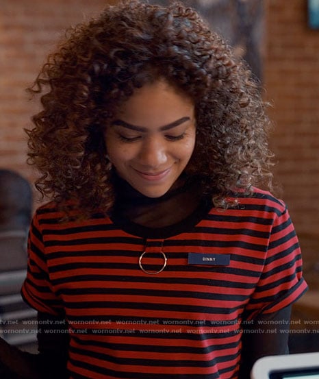 Ginny's red striped o-ring tee on Ginny & Georgia