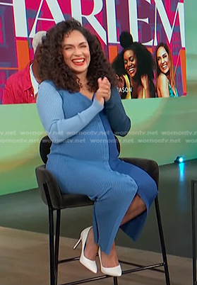 Grace Byers's blue colorblock knit dress on Access Hollywood