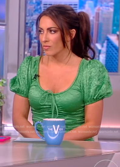 Alyssa's green satin tie neck dress on The View