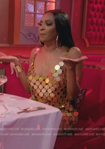 Guerdy's gold chain mail mini dress on The Real Housewives of Miami