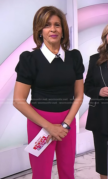 Hoda's black puff sleeve sweater and pink pants on Today